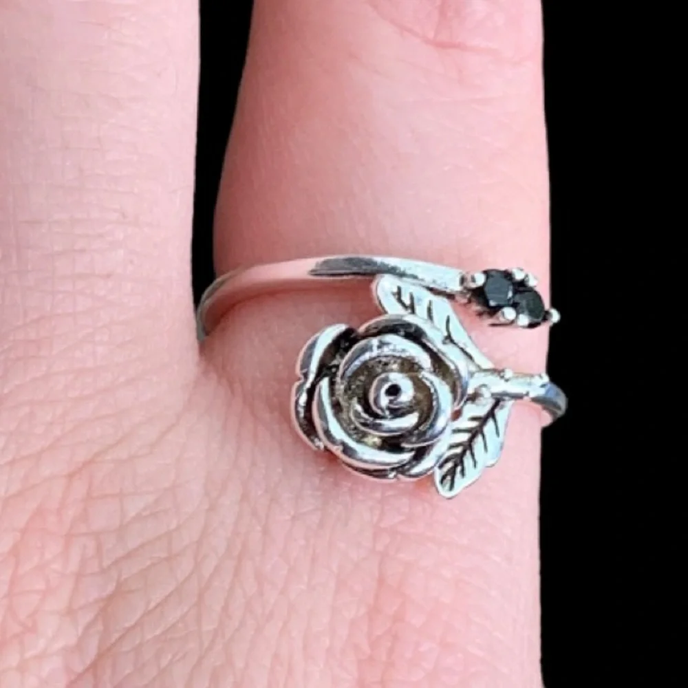 STERLING SILVER ROSE AND BLACK CZ RING - Picture 7 of 11